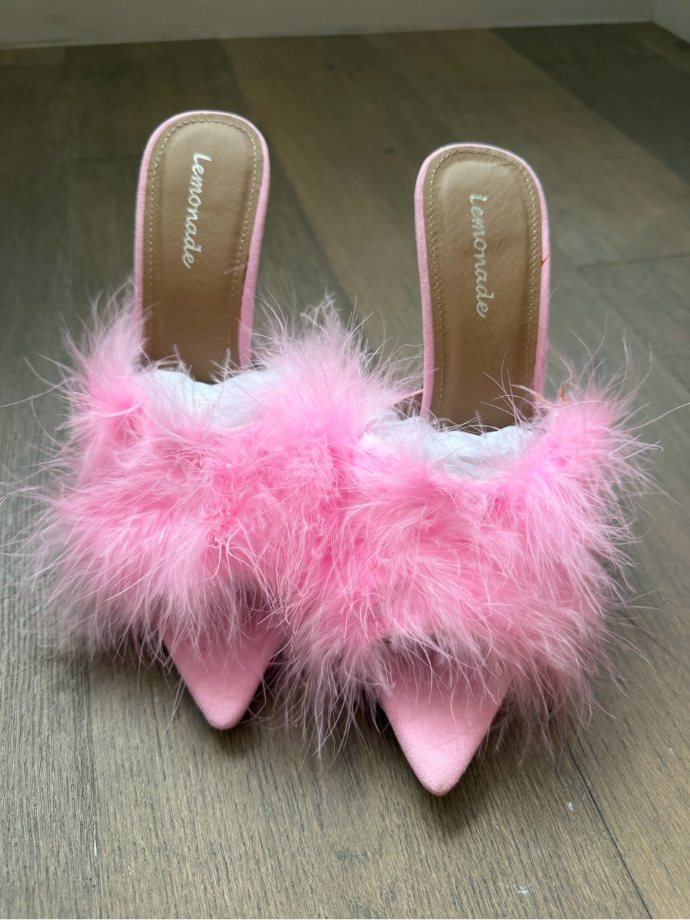 Lemonade Pink Feather Trim Pointed Toe Mules